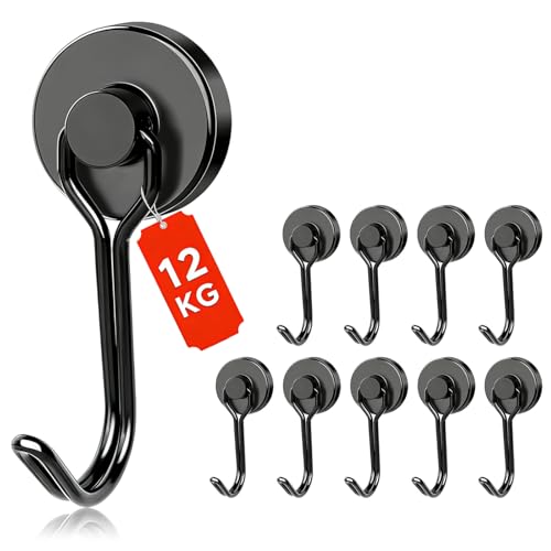 10PCS Heavy Duty Magnetic Hooks, 12KG/26.5LB Maximum Pull-Out Force, 360° Rotating Hook with Rust-Resistant Finish for Cruise, Kitchen, Refrigerator, Garage, Classroom (Black)