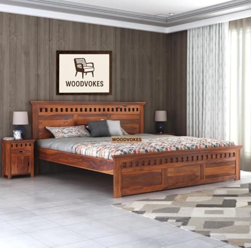 Image of Sheesham Wood Bed Without Storage Solid Wooden Cot Double Bed Furniture Elegant and Functional Bedroom Living Room Home Palang (Golden Brown with Natural Wood Grains, King)