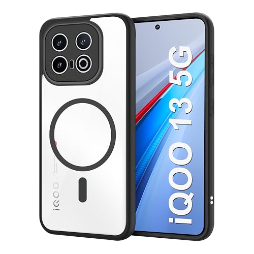 Image of CEDO Backcover for iQOO 13 (5G) | Compatible with Magsafe Wireless Charging | Camera Protection Shockproof Case | Magnetic Ring Lock Transparent Acrylic Clear Backcase (Black)