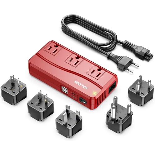 Image of BESTEK International Power Adapter 300W, 220V to 110V Step Down Travel Voltage Converter with 4-Port USB (2 USB 20W) Including US /AU /EU /UK /India /South Africa Plug Adapter (Red)