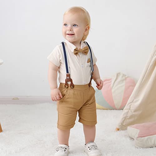 Yuemion Infant Baby Boy Clothes Gentleman Outfits Suits Summer Short Sleeve Bowtie Bodysuit Shirts + Suspender Shorts (Beige,3-6M) #TOP1