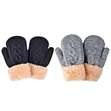 FENELY Winter Mittens Knit Gloves for Baby Kids Boys Toddler Warm Thermal Cable Knitted Gloves 2-6 Years Black Grey Wool Fleece Lined Mittens for Cold Weather