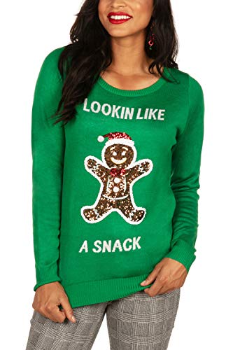 Tipsy Elves Sequin Holiday Gingerbread Ugly Christmas Sweater for Women Lookin' Like a Snacc Green...