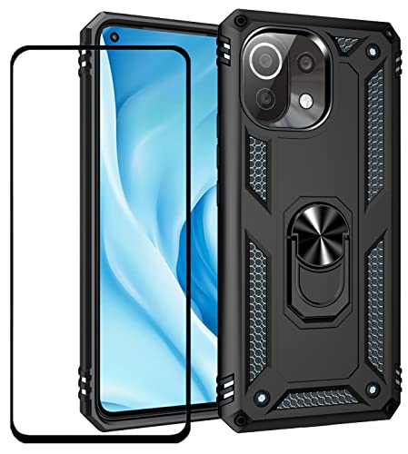 for Xiaomi Mi 11 lite 5G Case with Screen Protector,Hybrid Heavy Duty Shockproof Armor Military Protection Defender Protective Back Cover Phone Case for Xiaomi 11 Lite with Ring Kickstand (Black)