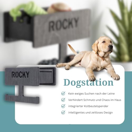 INEXTERIOR – Hundegarderobe personalisierbar mit Ablage & Leinenhalter in Schwarz - Hundezubehör Dogstation für Hundeleinen, Spielzeug & Leckerlis aus Birkenholz - Mit Kotbeutelspender & Montagekit