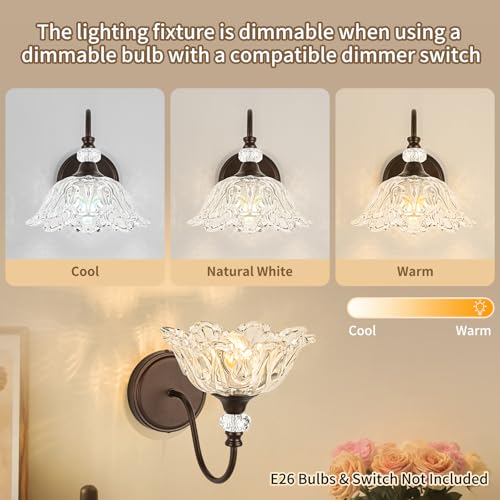 Image of 1-Piece Oil Rubbed Bronze Vintage Wall Sconce with Floral Etched Clear Glass Shade, Farmhouse Wall Mount Lighting for Bathroom,Vintage Bathroom Vanity Light Fixtures