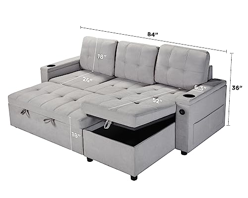 VanAcc Sofa Bed, Modern Tufted Convertible Sleeper Sofa, USB Charging Ports & Cup Holders, Pull Out Couch Bed with Storage Chaise, Chenille Couches for Living Room (Light Grey), 84in x 52in x 36in