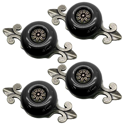 Suiwotin 4pcs Ceramic Dresser Knobs, Black Vintage Cabinet Knobs with Antique Bronze Back Plate, Decorative Drawer Pull Handles for Closet, Cupboard