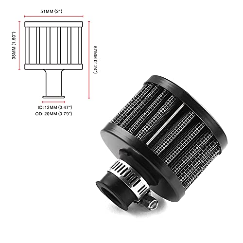 RASNONE 12mm Air Filter Cold Air Intake Filter Breather Turbo Vent Air Intake Filter Cleaner Black Universal for car and Motorcycle