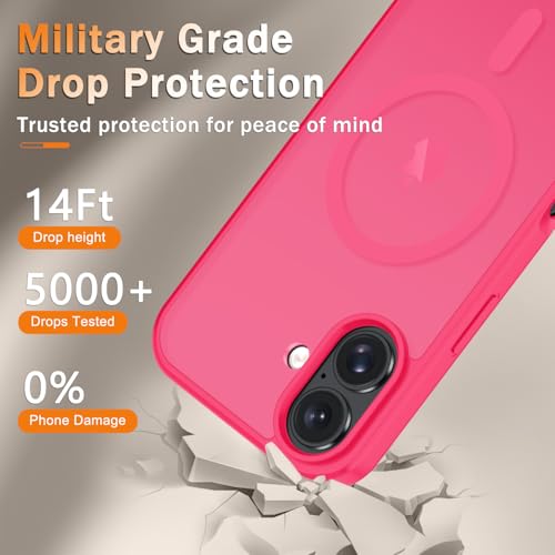 Image of YENAPOON for iPhone 16 Plus Case, Matte Magnetic Phone Cover [with 1 Screen Protector] [Support for MagSafe] [Shockproof Military Grade Protection] Translucent Frosted Back, Hot Pink