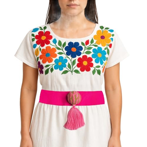 Decorative Mexican Waist Belt with Tassel, Hot Pink Fabric with Embroidered Ball, Traditional Style