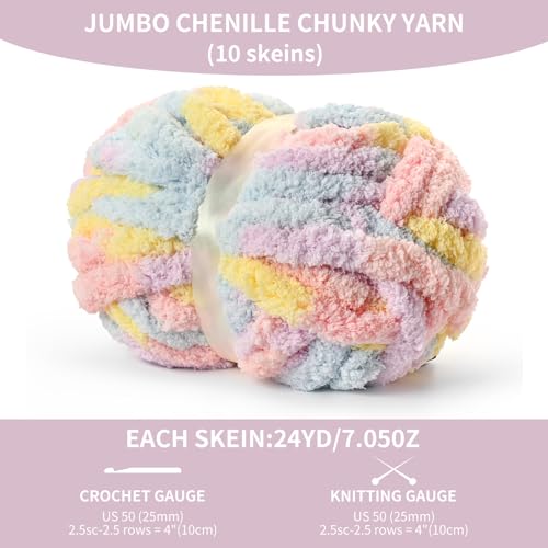 Image of 10 Pack Jumbo Chunky Yarn for Hand Knitting, Fluffy Variegated Chunky Chenille Yarn for Crocheting, 240yds /70.5oz Super Bulky Soft Crochet Baby Blanket Yarn(Macaron)