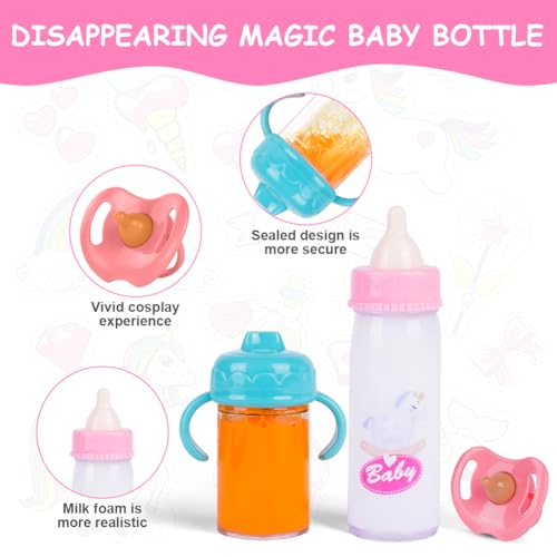 Aolso Magische Flasche,3 Stück New Born Baby Puppe Zubehör, Puppenflasche + Schnuller, Puppe Milchfläschchen, Simulierte Fütterung - Flüssigkeit verschwindet beim Kippen für Babypuppen (rosa+blau)