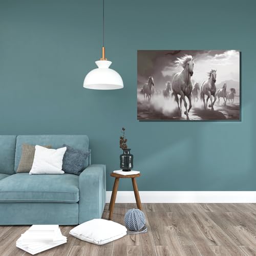 Image of RANGOLI Seven Running Horses Painting | Vastu-Inspired Framed Canvas Wall Art for Home, Office & Living Room | Positive Energy 3D Decor (12 x 18 Inch)
