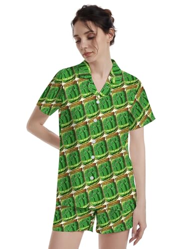 Image of Funny Pajamas for Women Set Print Satin Loungewear Pjs Short Sleeve Button Down Top and Shorts Sets Sleepwear XS-3XL