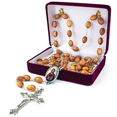Jesus King of the Universe, Wooden Catholic Rosary Necklace from Israel, Olive Wood Rosary Beads with Icon Portrait & Crucifix Cross Pendant, Confirmation & Communion Rosaries for Men & Women