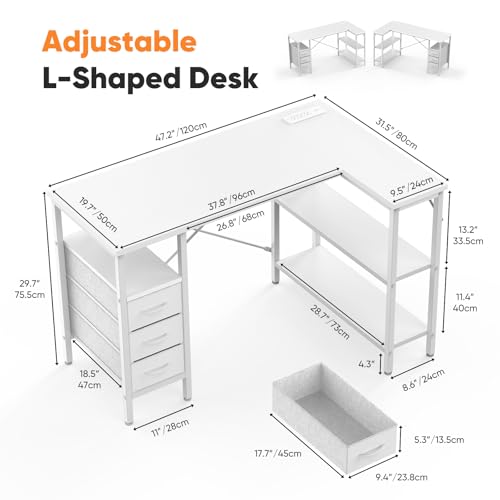 DUMOS L Shaped Desk with Shelf Drawers 47 Inch, White Corner Computer Desks Gaming with Power Outlet, Study Table with Adjustable Shelves, Home Office Tables for Bedroom Teacher Reading Writing - Image 4
