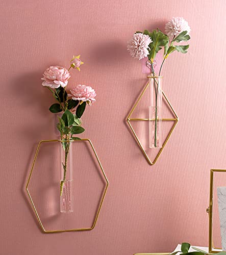 Yaocoral Nordic Hanging Wall Vase Geometric Gold Vase Metal Glass Vase Hydroponic Flower Vase Decorative For Centerpieces Farmhouse Wedding Home(Gold 2) #TOP6