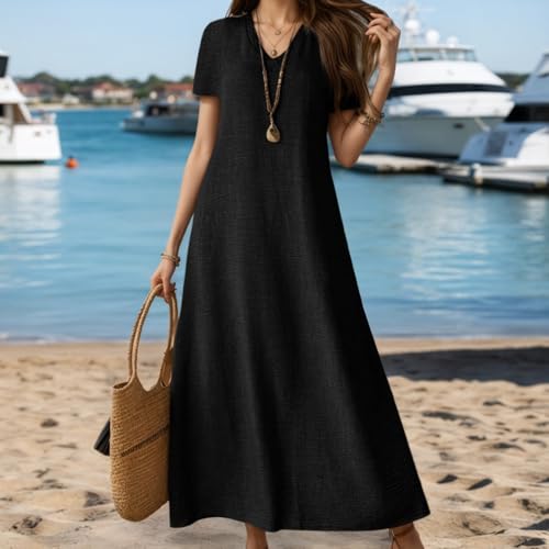 Robe maxi col en V à manches courtes avec tissu fluide d'été - 3