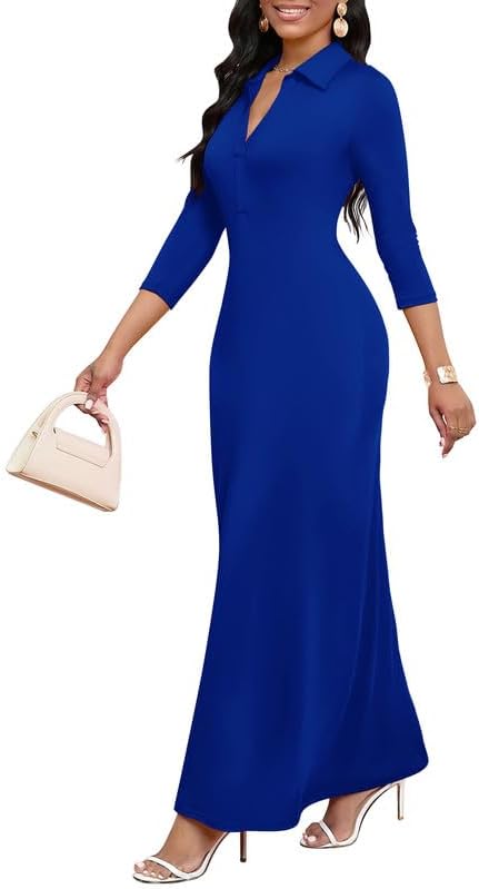 Maxi Dresses for Women Casual V Neck 3/4 Sleeve Bodycon Long Party Holiday Dress Semi Formal Outfits