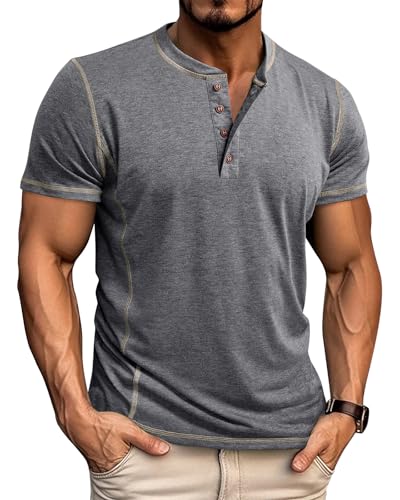 LAOARA Men's T-Shirts Henley Tee Shirts for Men Cotton Short Sleeve Grandad Summer Button Casual Tops Grey 3XL