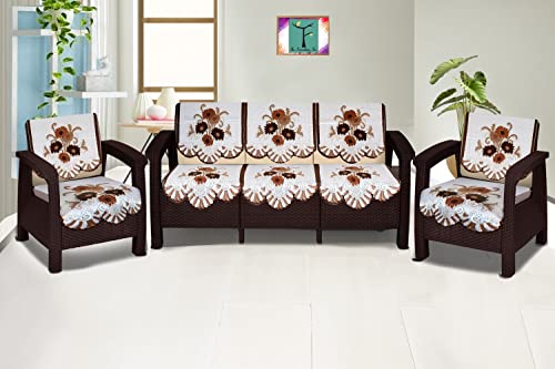 Image of The Furnishing Tree Cotton Floral Knitted Pattern 10 Pieces 5 Seater Sofa Cover Set Coffee