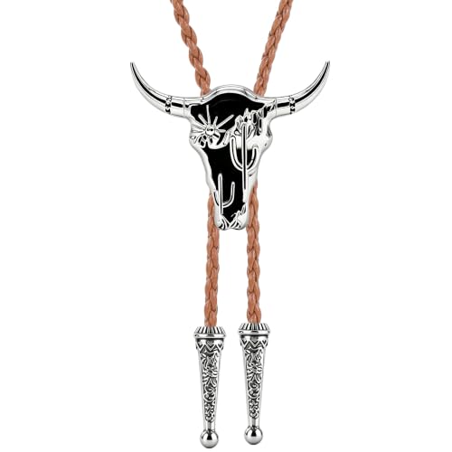 Image of GelConnie Cowboy Ties for Men Black Longhorn Cactus Western Bolo Tie Cord | Black Longhorn Cactus Bolo Tie with Enamel Accent, Adjustable Faux Leather Cord for Western Ties for Men and Cowboy Outfit