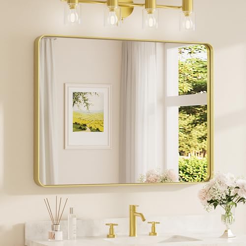 TETOTE 40 x 30 Inch Gold Bathroom Mirror, Brushed Brass