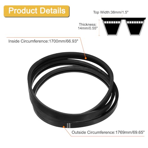 Image of uxcell 2 /B67 Classic Wrapped 2 Banded /2 Ribs V-Belt, 70 inch Outside Circumference Wrapped Industrial B Profile Rubber V-Belt for Industrial Machinery Equipment, Black