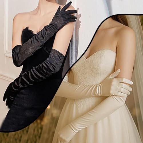 TENGWA 2 Paires Gants Longs Femme Champagne Noir Gants Longs en Satin Élégant 55 cm Audrey Hepburn Accessoire Annee 20 Fête Opéra Carnaval Mariage Mariée Jeu de Rôle – vue 4