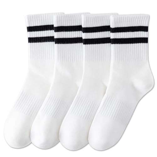 YUWELL Womens Striped Crew Socks, Cotton Cozy Casual Socks for Women 4 Pairs, Size 5-10
