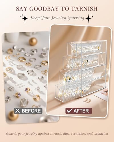 Vowcarol Earring Holder Organizer, 4 Drawers Clear Acrylic Jewelry Organizer Box with 100 Portable Pouches, Jewelry Storage Case for Earrings and Rings