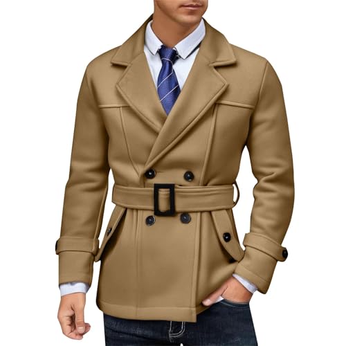 Men's Belted Windbreaker Jackets Long Sleeve Double Breasted Solid Color Lapel Collar Trench Coat Casual Windproof Overcoat