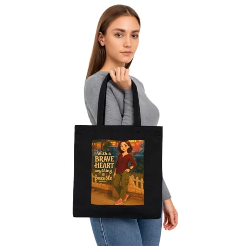 Image of Black Tote Bag With Pocket Printed Designed Canvas Tote Bags For Women large capacity,Tote bag For Shopping, College, Travel, More Canvas Handbag For Unisex Bag