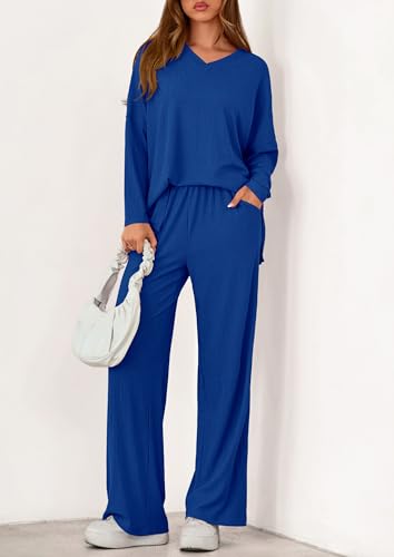PRETTYGARDEN 2 Piece Lounge Sets for Women Fall Outfits 2025 Casual Loose Long Sleeve Tops Wide Leg Pants Matching Pajama Set