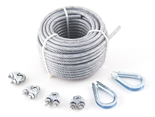 KingChain PVC Coated Galvanised Steel 7 x 7 Aircraft Cable Metal Wire Rope Kit - 50 ft, 1/8-in x 3/16-in, 340 lb Working Load - Includes 4 Rope Clips and 2 Thimbles