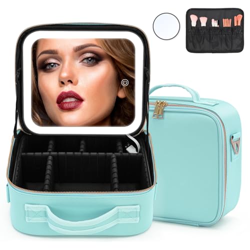 Beauty Case da Viaggio con Specchio e luce led, iklestar Donna Staccabile Porta Trucchi con Spazzole Organizzatore, 3 Colori e Dimmerabile Make up Bag Organizer, Verde Taglia S