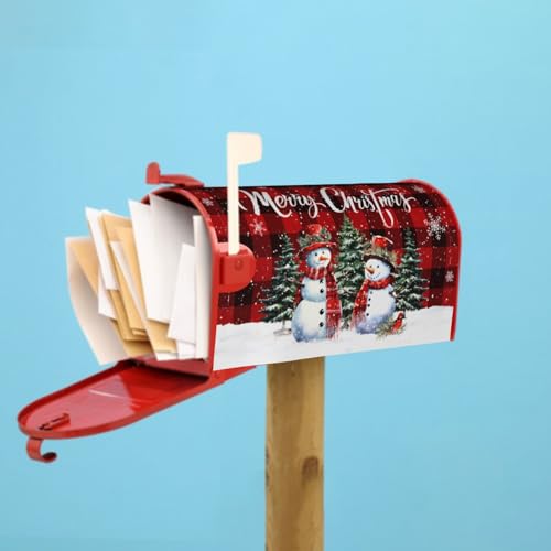 Image of Merry Christmas Buffalo Plaid Snowman Mailbox Cover - Magnetic, Standard Size 25.5 x 21 Inches, Holiday Decorative Wrap for Home Outdoor Garden