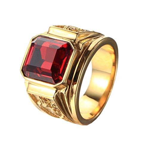 PMTIER Hombres Acero Inoxidable Dragón Patrón Sencillo Cuadrado Piedra Preciosa Anillos Band Oro, Rojo Tamaño 19 Cover