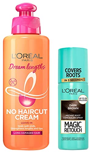 Image of L'OREAL PARIS Fresh Dream Lengths No Haircut Cream Leave-In Conditioner For Damaged, Frizzy & Dry Hair, 200 Millilitres & Instant Root Concealer Spray, Root Touch-Up, 2 Dark Brown