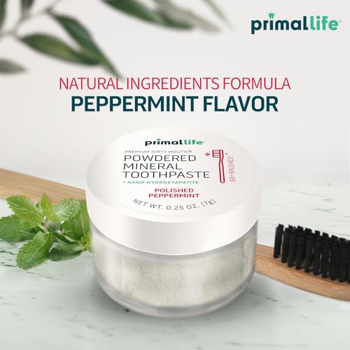 Image of Primal Life Organics - Dirty Mouth Toothpowder, Tooth Cleaning Powder, Flavored Essential Oils with Natural Kaolin & Bentonite Clay, Good for 200+ Brushings, Organic, Vegan (Peppermint, 0.25 oz)