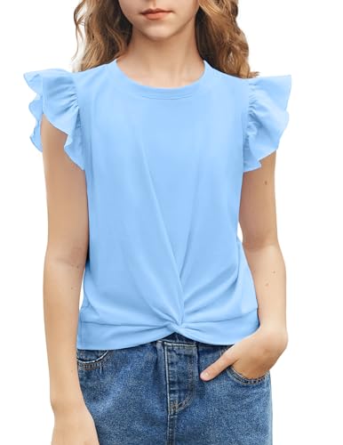 Image of Arshiner Girls Shirt - Short-Sleeve Twist Front T-Shirt for Girls with Cute Flying Sleeves - Summer Blouse Tunic Tee Tops