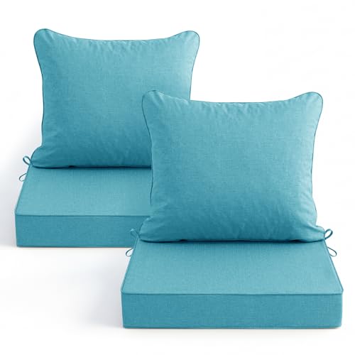 Image of Summsun Faux Linen Outdoor Chair Cushions, Water Resistant Backrest and Deep Seat Cushion Set with Removable Cover, Straps, Non-Slip Bottom for Patio Furniture, 24 x 24 Inch, Teal, Set of 2