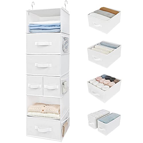 GRANNY SAYS Organizador y almacenamiento de armario colgante, 6 estantes para organizar ropa con cajones, 6 bolsillos laterales, estantes colgantes para sujetadores, calcetines, blanco, paquete de 1