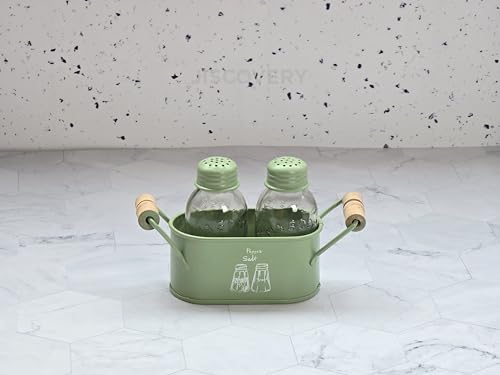 Image of JISCOVERY Salt and Pepper Dispenser Set for Dinning Table with Stand| Glass Bottom Spice Shaker Set with Metal Holder| Spice Sprinklers| 100 ML Each (Green)