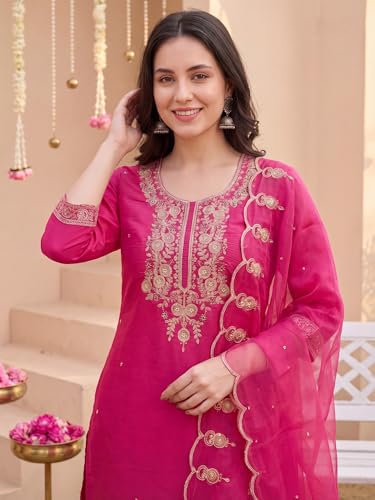 Image of INDO ERA Women's Silk Blend Embroidered Thread Work Kurta & Pant with Dupatta Set | Suit Set For Women
