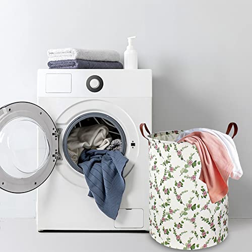 Image of NTAOHAMPER Large Round Canvas Linen Laundry Hamper,Waterproof Storage Bin for Books /Clothes, Laundry Basket, Gift Basket(Eucalyptus leaves)
