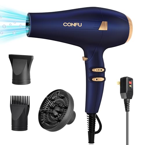 CONFU Hair Dryer, 1875W Professional Salon Blow Dryer, with Diffuser and Concentrator Nozzles Negative Ionic Hair Blow Dryer 2 Speed 3 Heat Quick Drying Suitable for Hairdressers Family Styling