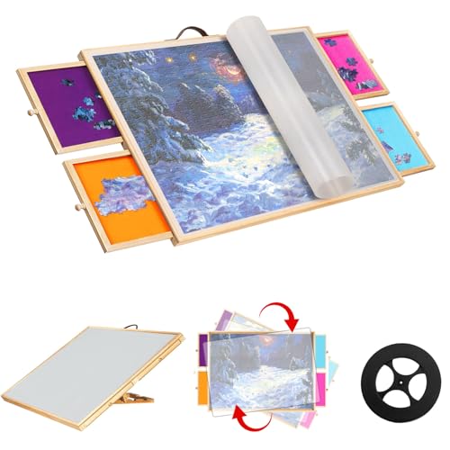 2-in-1 Tilting & Rotating Puzzle Board for 1500 Pieces Puzzle Tables for Adults with Drawers Wooden Jigsaw Puzzle Table with 5 Adjustable Angles, 4 Drawers, Non-Slip Felt Surface, Protective Cover