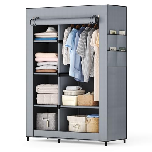 DUMOS Portable Wardrobe Closet with Cover, Freestanding Portable Garment Rack, Portable Closet Wardrobe for Clothes Storage, Clothes Organizer for Bedroom, Dorm, Apartment, Gray.